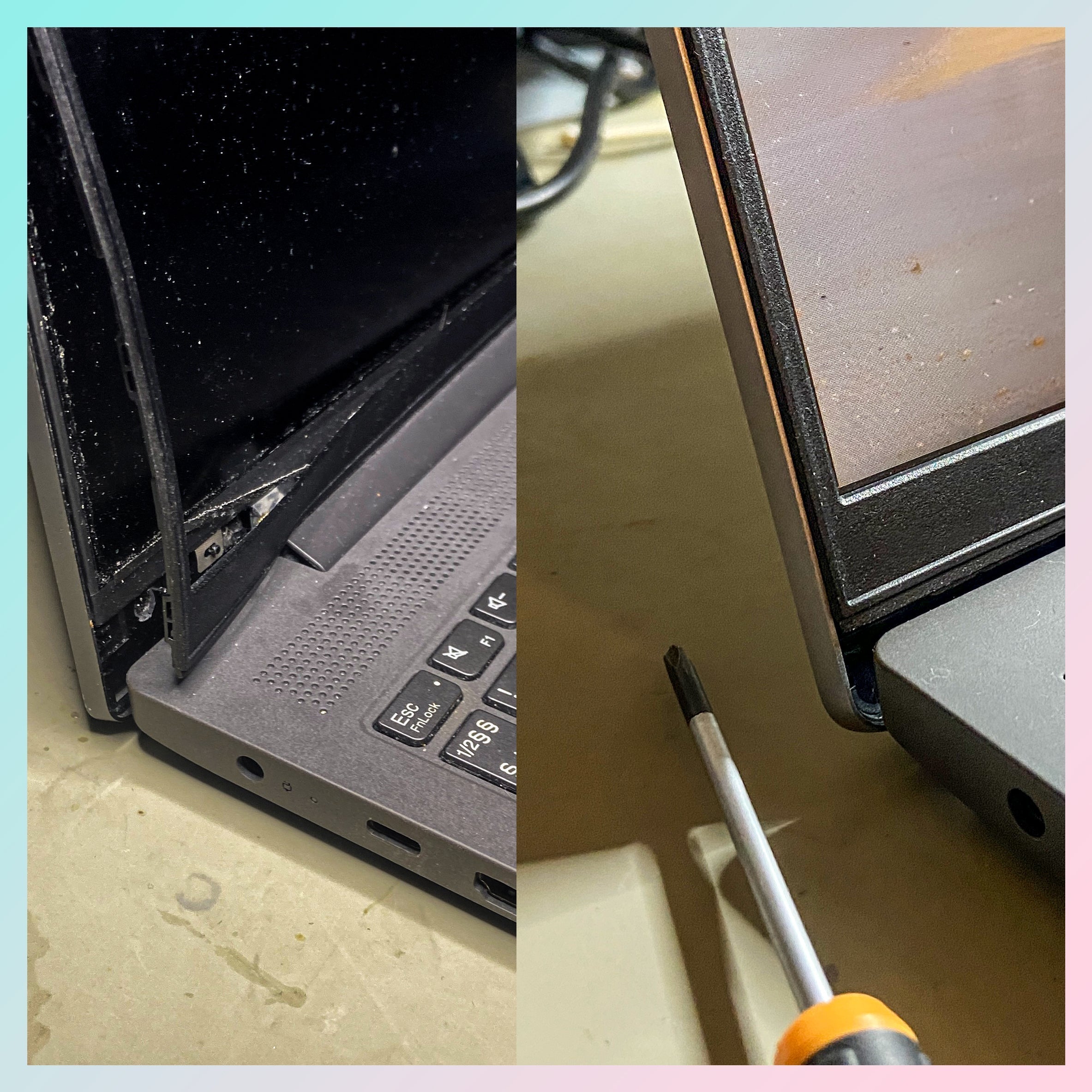 Laptop med trasigt gångjärn - Byte av bakplatta