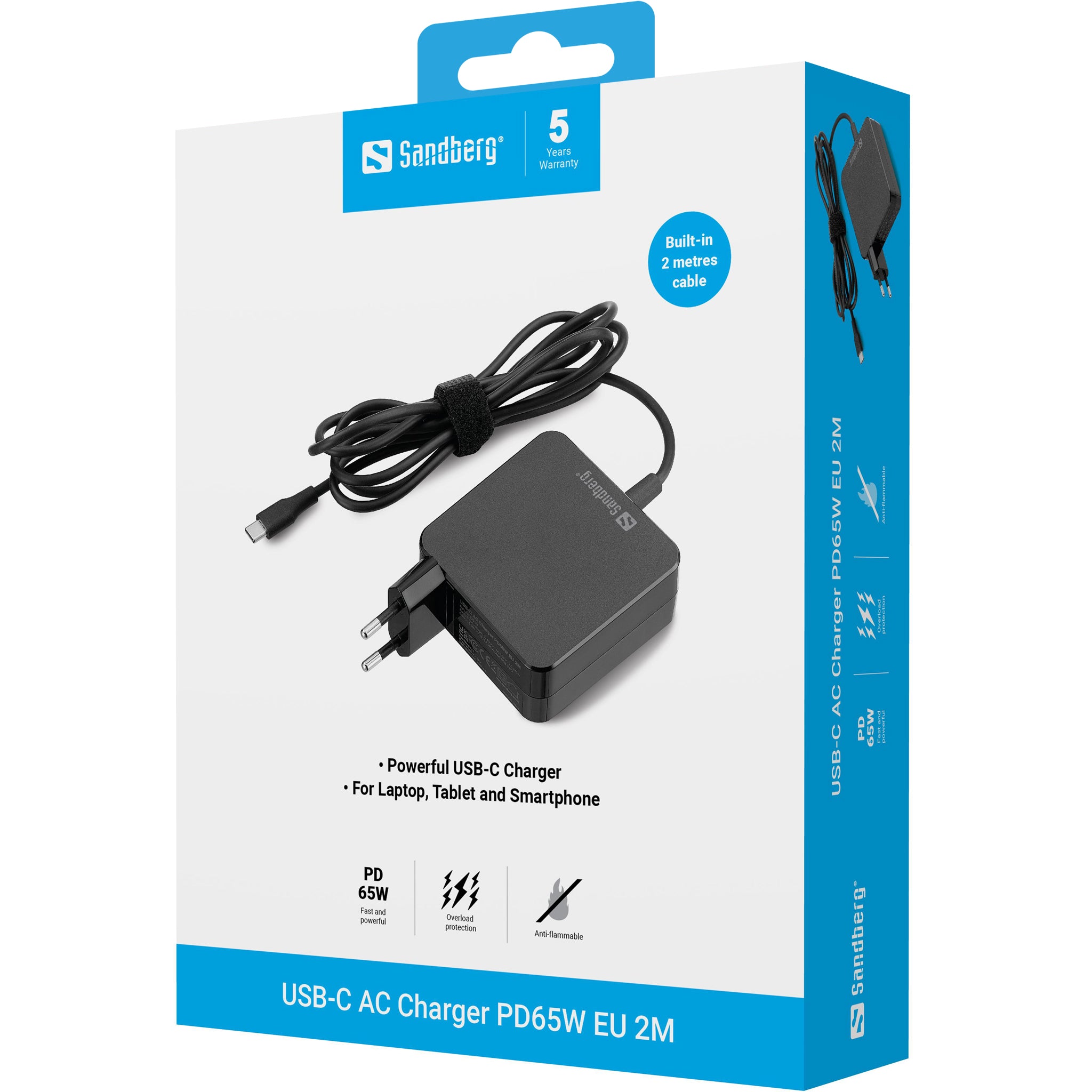 USB-C nätadapter PD 65W EU 2,0 m kabel - för laptop, surfplatta & mobil, Sandberg