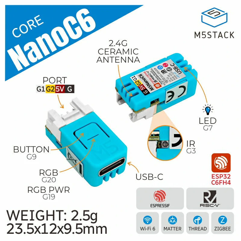 M5Stack C125 - NanoC6 Dev Kit, Programmerbar Kontroller