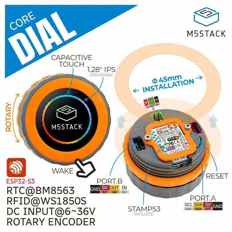 M5Stack K130 - Dial ESP32-S3 Vridknapp med 1.28" Touchskärm, Programmerbar Kontroller