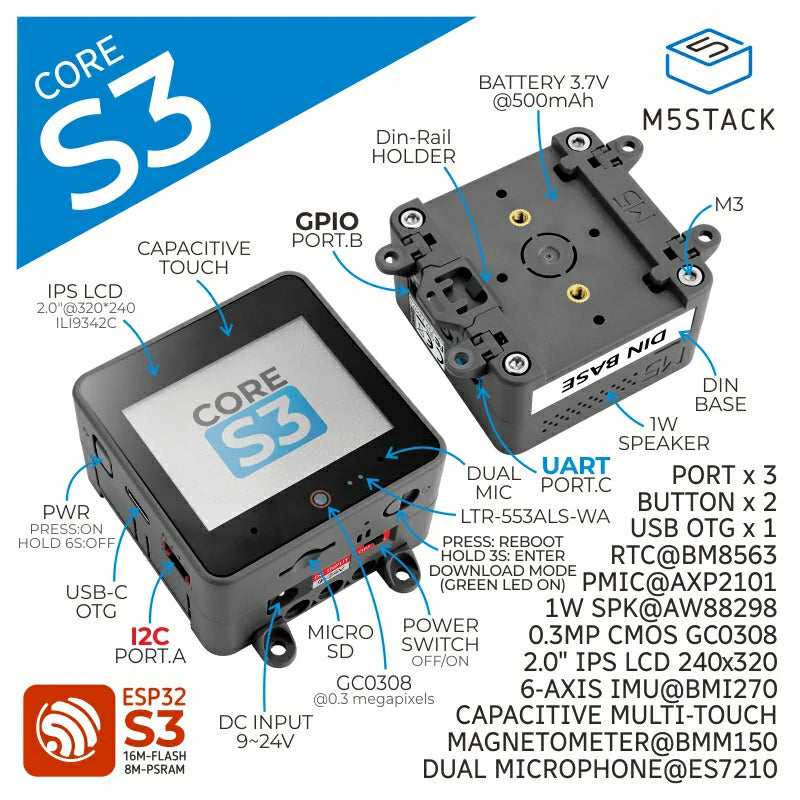 M5Stack K128 - CoreS3 ESP32 Dev Kit, Programmerbar Kontroller