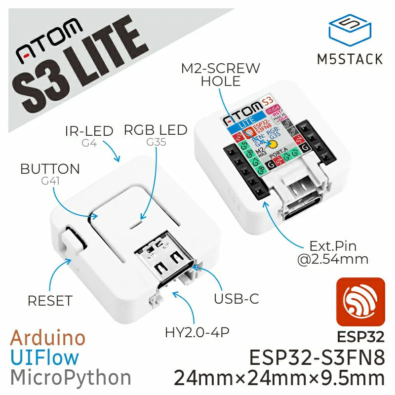 M5Stack C124 - AtomS3 Lite ESP32S3 Dev Kit, Programmerbar Kontroller