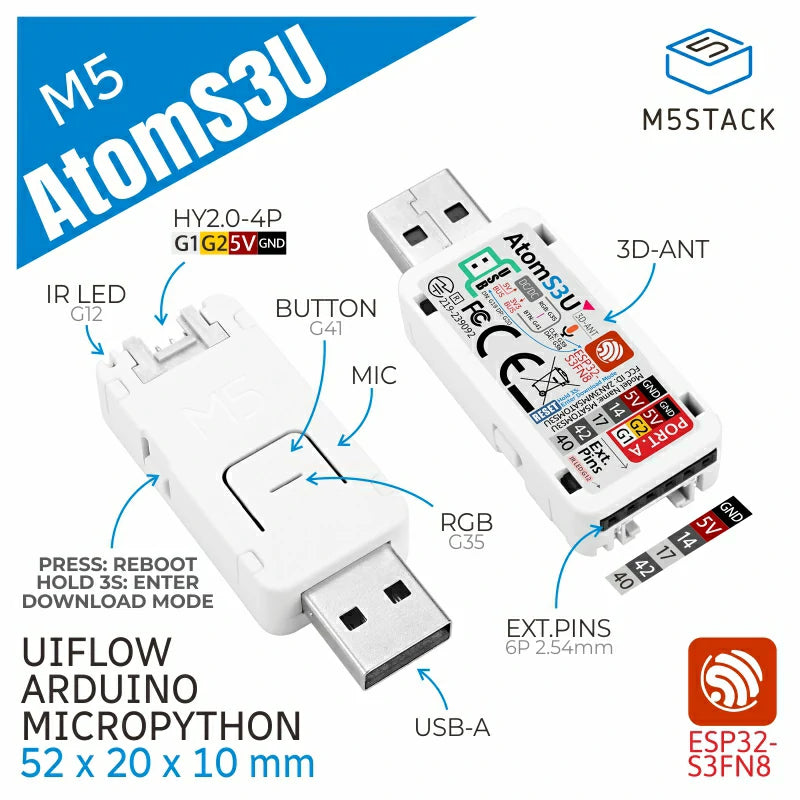 M5Stack K125 - AtomS3U Utvecklingskort med USB