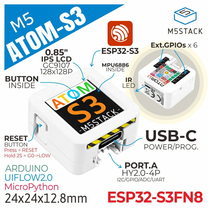 M5Stack C123 - AtomS3 Dev Kit, Programmerbar Kontroller
