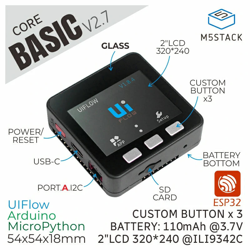 M5Stack K001-V27 - ESP32 Basic Core loT V2.7 Dev Kit, Programmerbar Kontroller