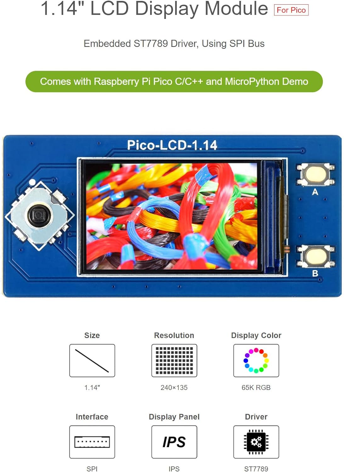 Pico LCD 1.14 för Raspberry Pi Pico (ej Pico-W)