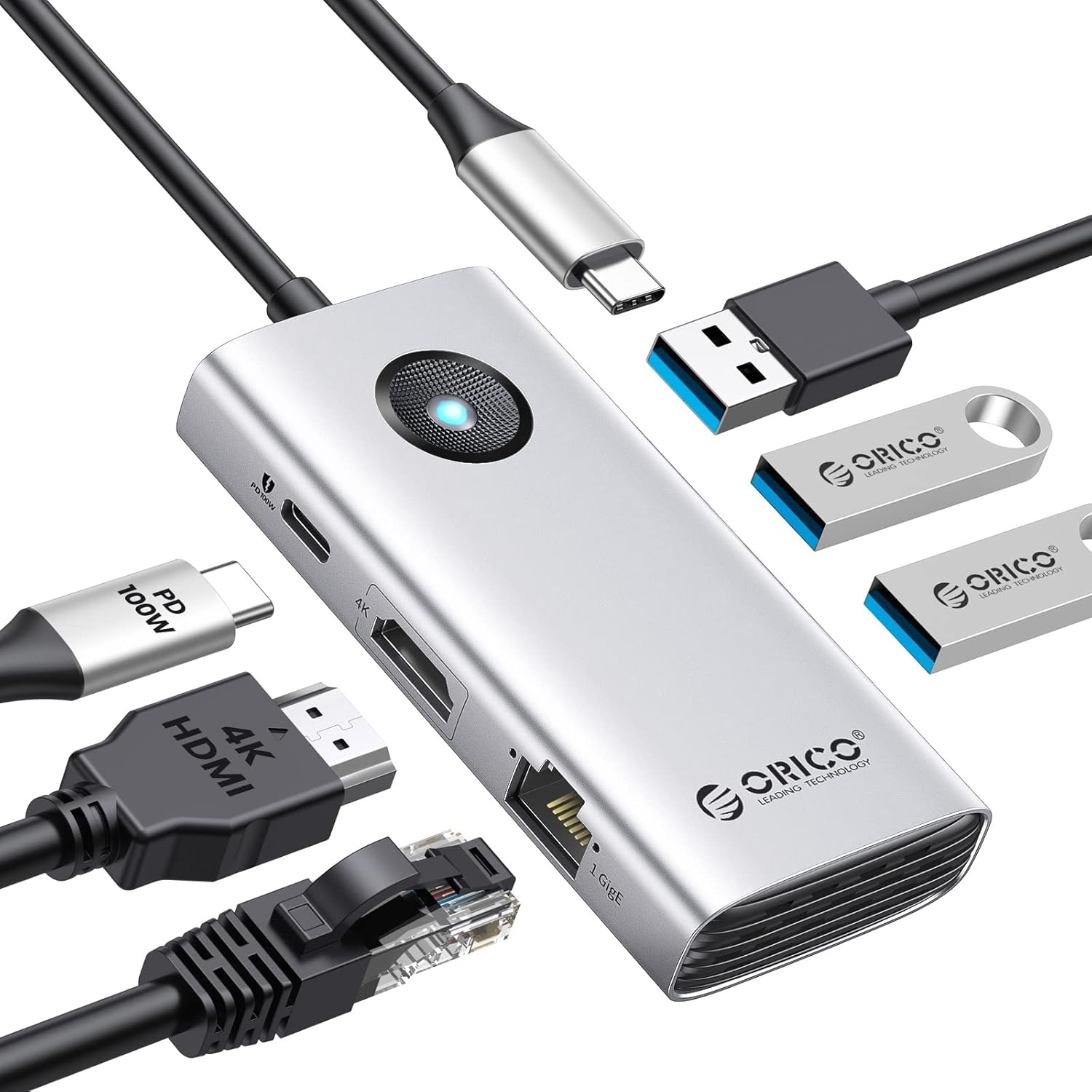 Orico hub 6-i-1 portar, USB-C med laddning, eth och HDMI