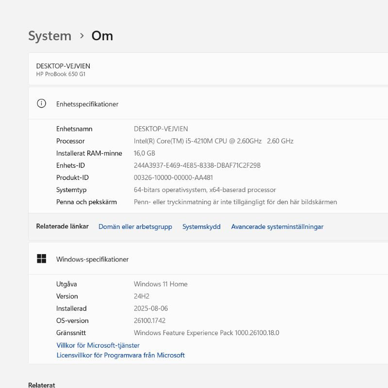 Laptop HP ProBook 650 G1 15.6" i5 2.6GHz / 16GB RAM / 250GB SSD, begagnad (refurbished)