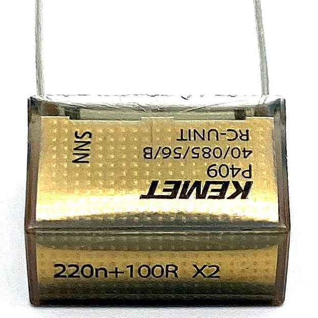 KEMET RIFA P409 Kondensator 0.22uF (220nF+100R X2) 275VAC 85C 24x11.3mm, RC-snubber P409CP224M275AH101