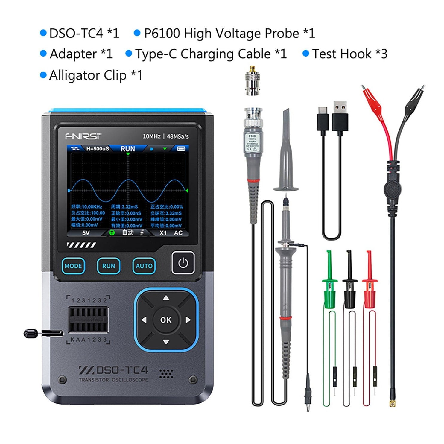Oscilloskop 10 MHz, komponentprovare & signalgenerator, FNIRSI DSO-TC4
