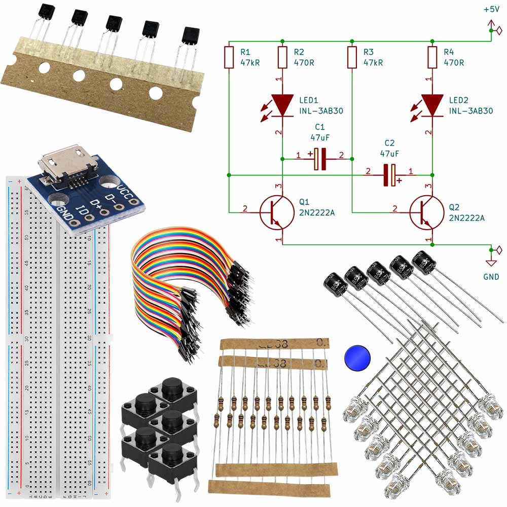 Komponentsats för lysdiodkrets och astabil multivibrator på kopplingsdäck