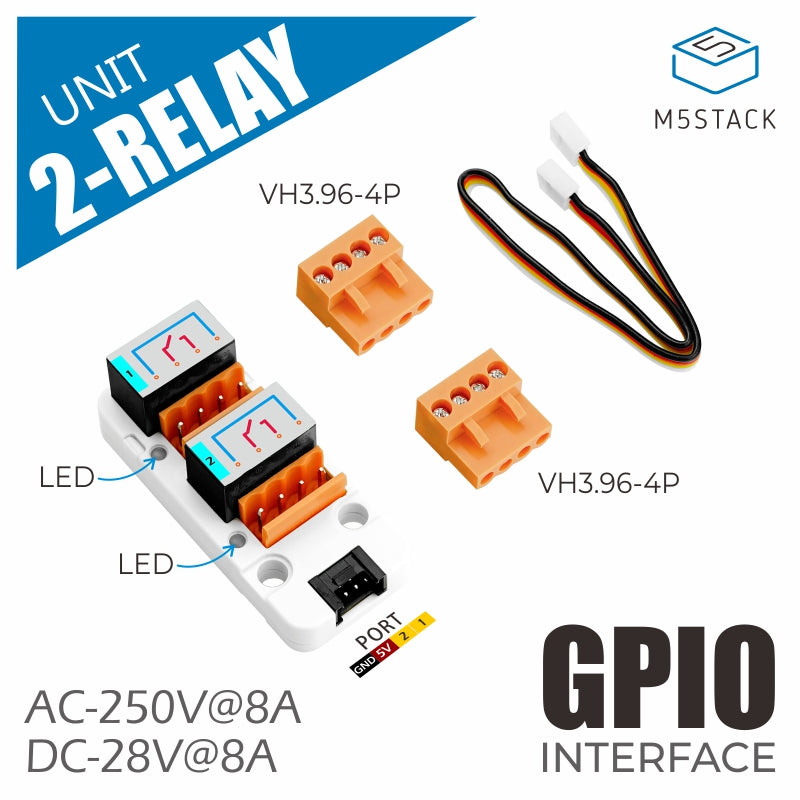 M5Stack U131 - Relä 2-kanaler SPST 250VAC/8A, GROVE-kontakt