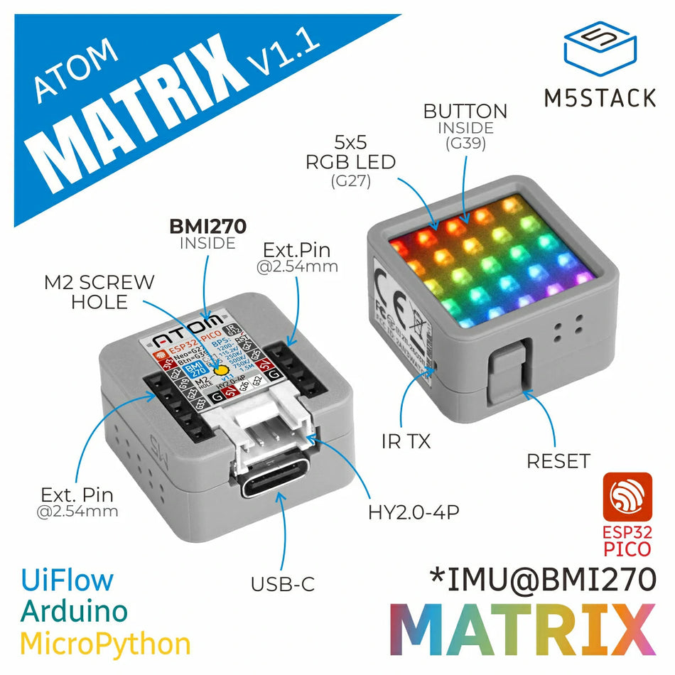 M5Stack Atom Matrix ESP32 Dev Kit v1.1 5x5 RGB LED BMI270, C008-B-V11