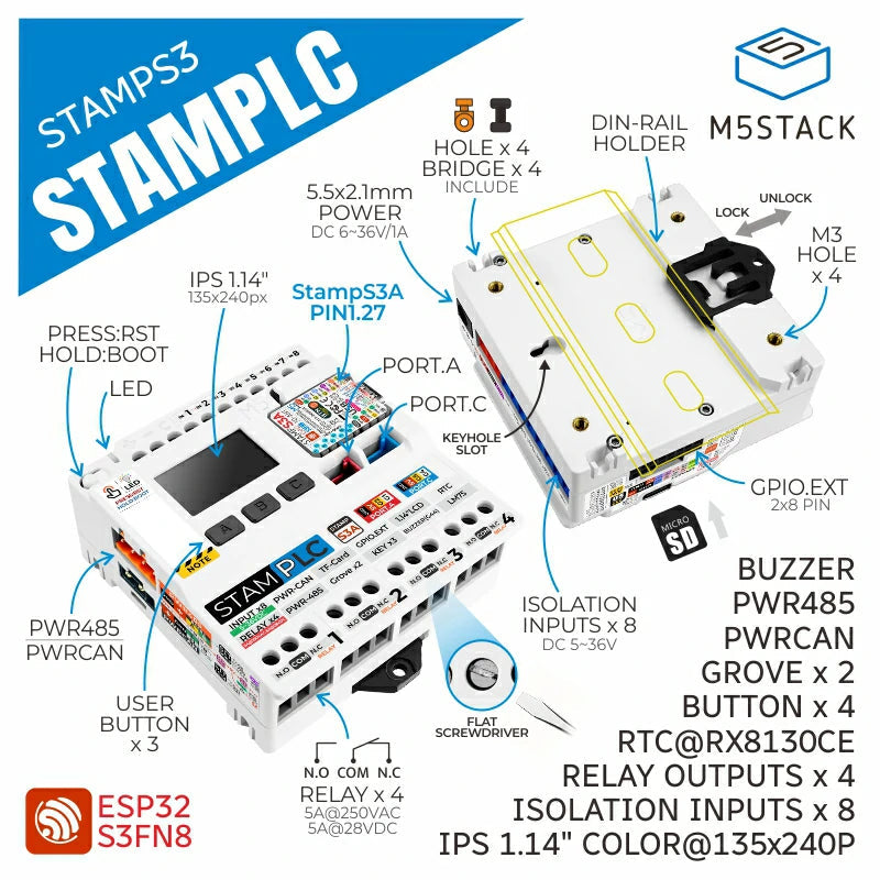 M5Stack StamPLC industriell PLC med ESP32-S3, reläutgångar, CAN och RS485, K141