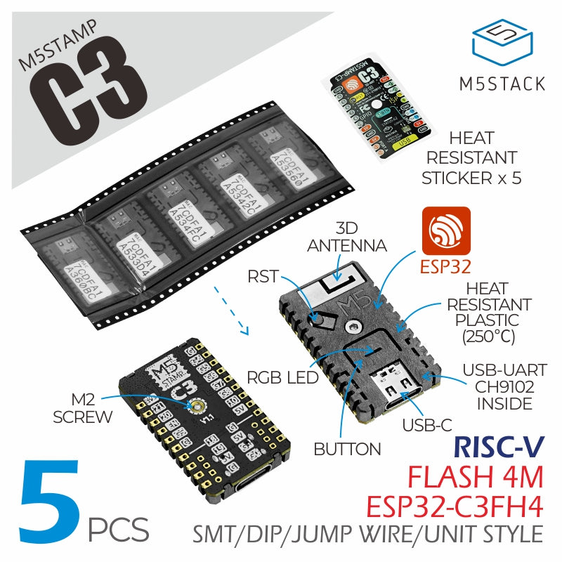 M5Stamp K024-B - C3 (5-pack) - ESP32-C3 RISC-V MCU med Wi-Fi
