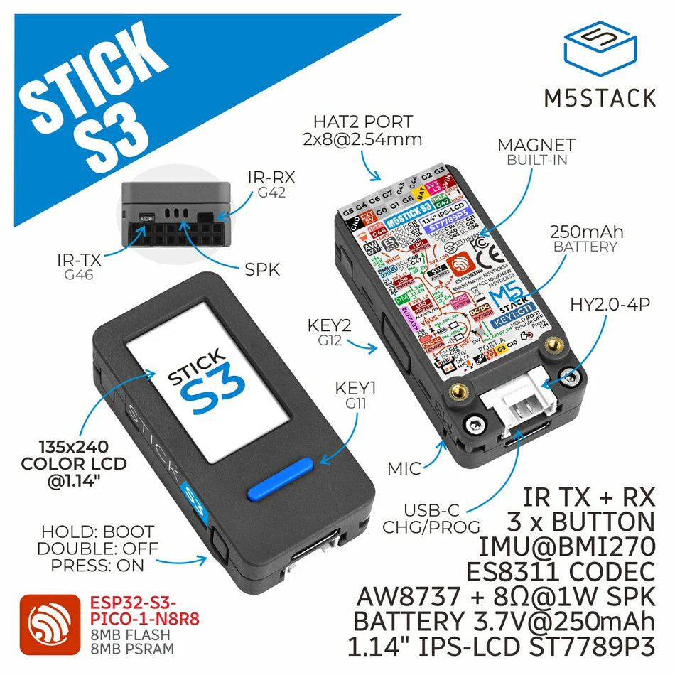 M5StickS3 ESP32-S3 IoT utvecklingskort med LCD, WiFi, IR och batteri, K150