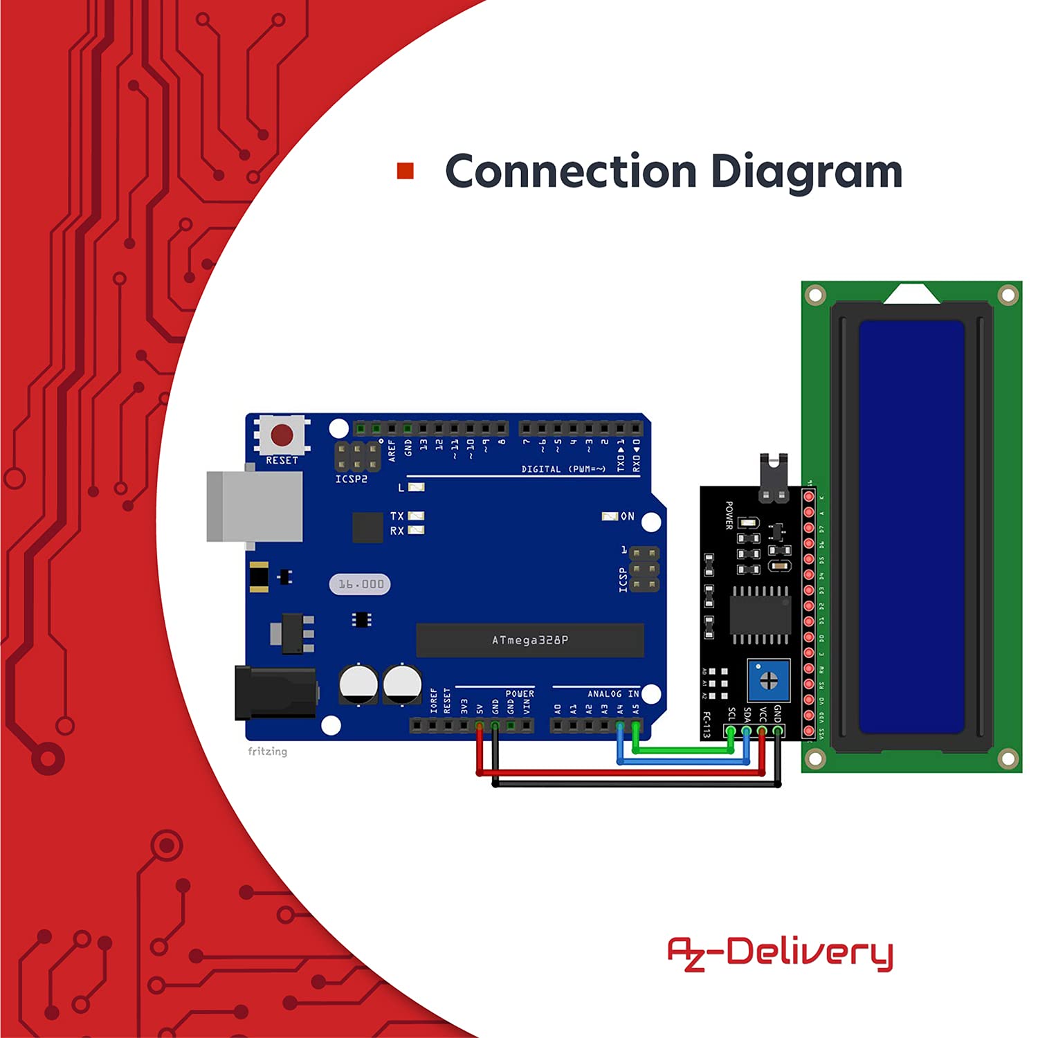 1602A LCD Display med I2C-interface, 2x16 tecken