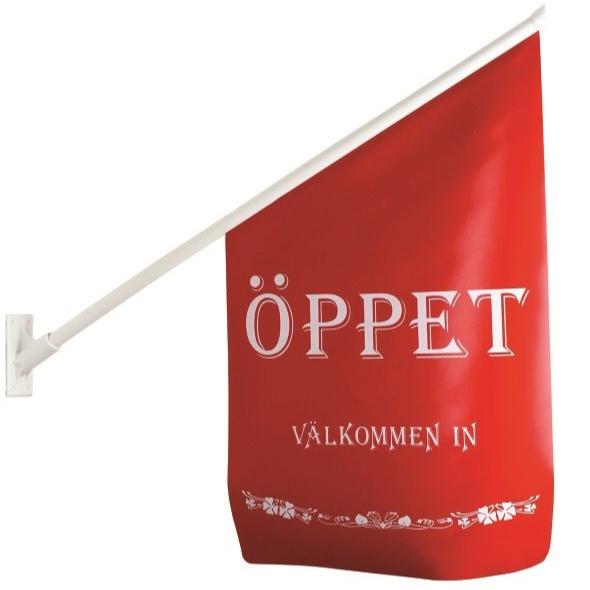 Flagga "Öppet Välkommen in" inkl fäste för butik, flera färger