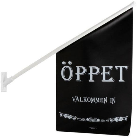 Flagga "Öppet Välkommen in" inkl fäste för butik, flera färger Svart/Vit