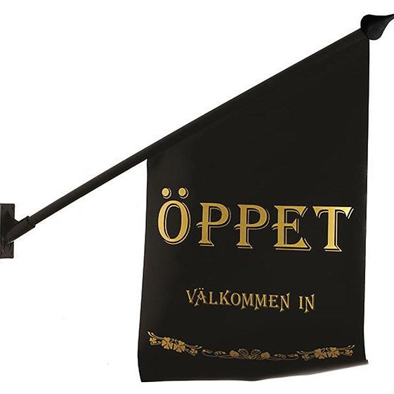 Flagga "Öppet Välkommen in" inkl fäste för butik, flera färger