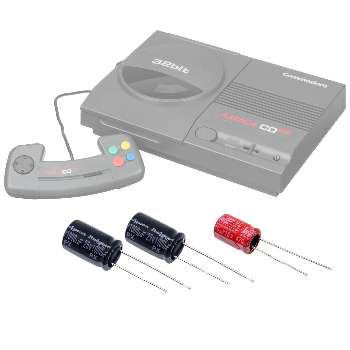 3st kondensatorer till Amiga CD32, elektrolyt hålmonterade