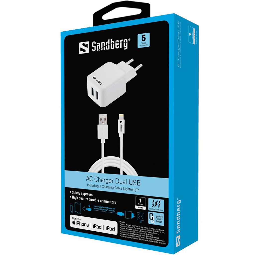 Sandberg AC Laddare Lightning 2.4A, vit