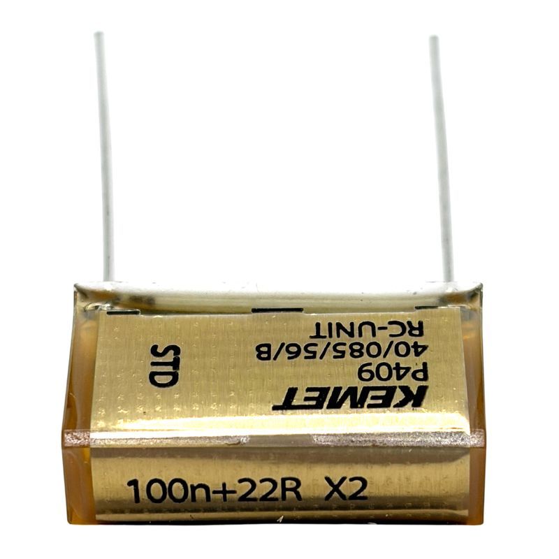 KEMET RIFA P409 Kondensator 0.1uF (100nF+22R X2) 275VAC 85C 24x7.6mm, RC-snubber P409CE104M275AH220