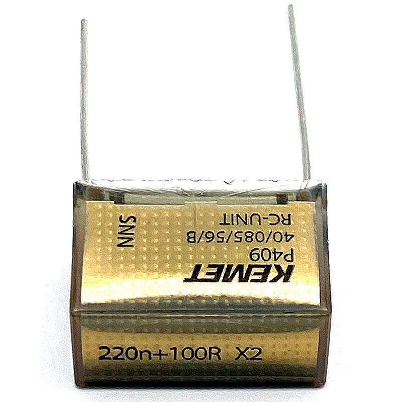 KEMET RIFA P409 Kondensator 0.22uF (220nF+100R X2) 275VAC 85C 24x11.3mm, RC-snubber P409CP224M275AH101