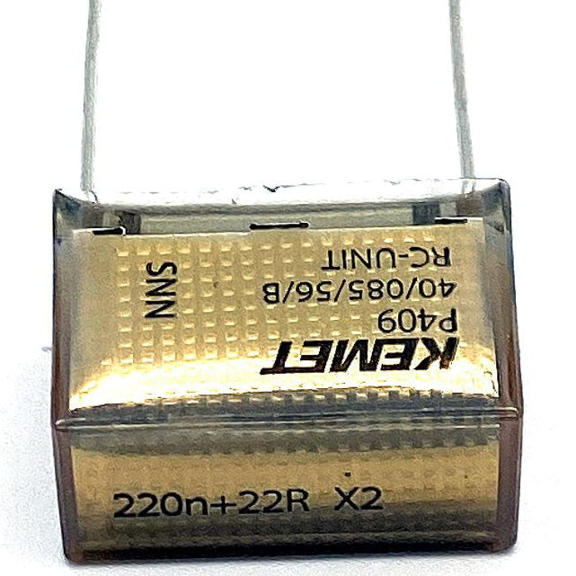 KEMET RIFA P409 Kondensator 0.22uF (220nF+22R X2) 275VAC 85C 24x11.3mm, RC-snubber P409CP224M275AH221