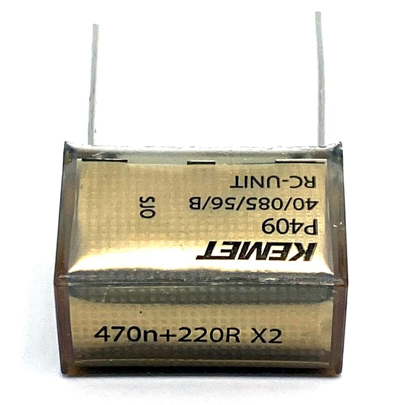KEMET RIFA P409 Kondensator 0.47uF (470nF+220R X2) 275VAC 85C 30.5x15.3mm, RC-snubber P409EL474M275AH221