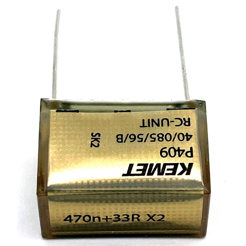 KEMET RIFA P409 Kondensator 0.47uF (470nF+33Ω X2) 275VAC 85C 30.5x15.3mm, RC-snubber P409EL474M275AH330