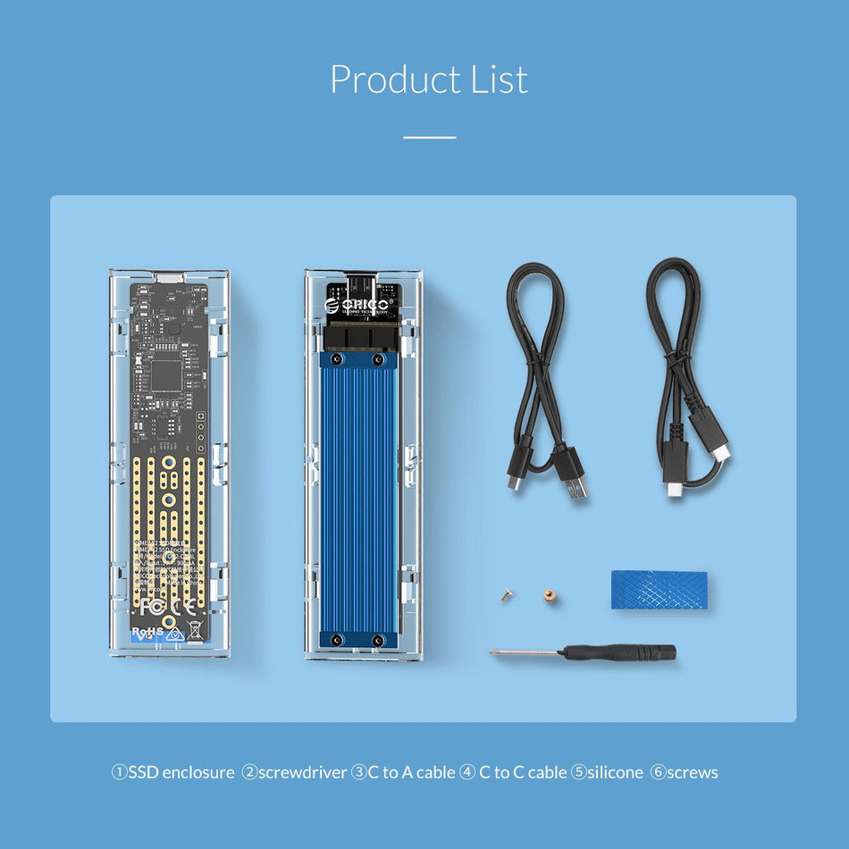 Orico M.2 NVMe SSD-kabinett USB-C 3.1 Gen 2 10 Gbps, transparent blå