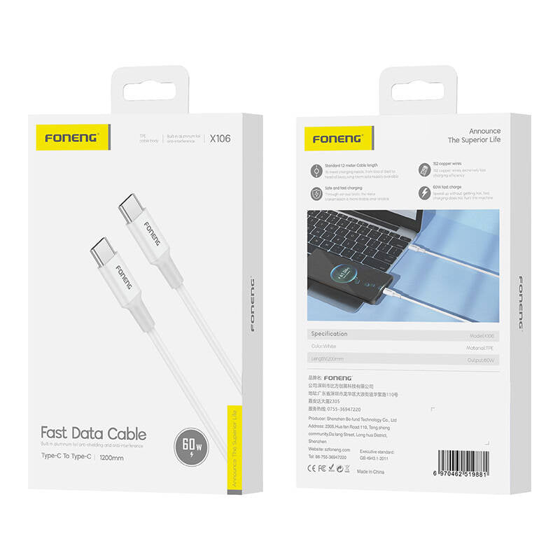 USB-C kabel 1.2m 60W vit, X106 C-C