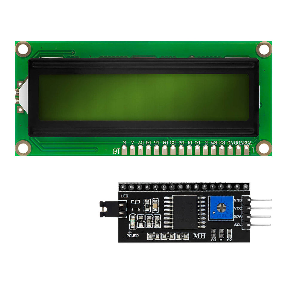 HD44780 1602A LCD Display med I2C-interface, 2x16 tecken