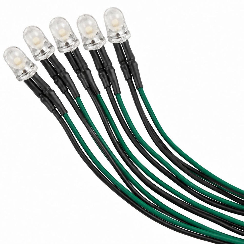 5-pack LED 5mm grön 12V - färdigkopplad med kabel och motstånd