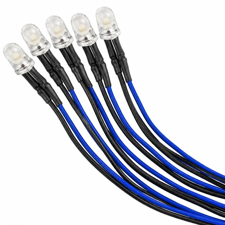5-pack LED 5mm blå 12V - färdigkopplad med kabel och motstånd