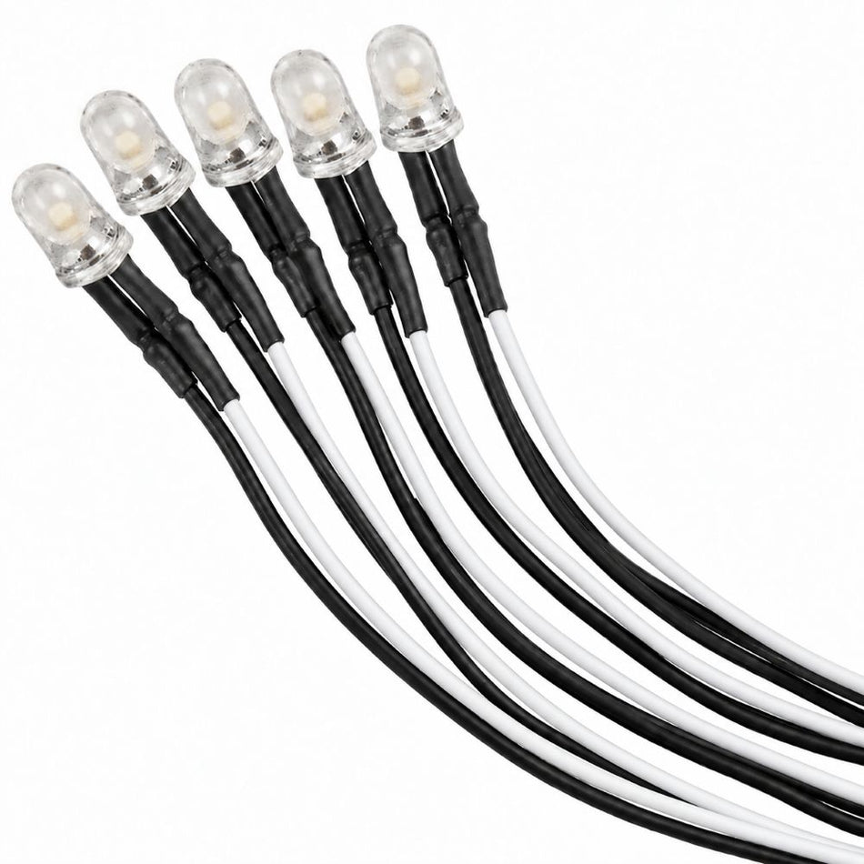 5-pack LED 5mm vit 12V - färdigkopplad med kabel och motstånd