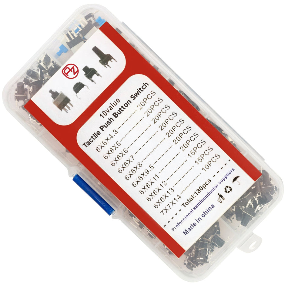 Tryckknapps-kit 180st, taktila knappar 10 varianter för kretskort, AZ-Delivery