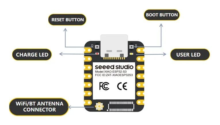 Seeed Studio XIAO ESP32-S3 Utvecklingskort WiFi/BLE 21x17.8mm USB-C, XIAO ESP32-S3